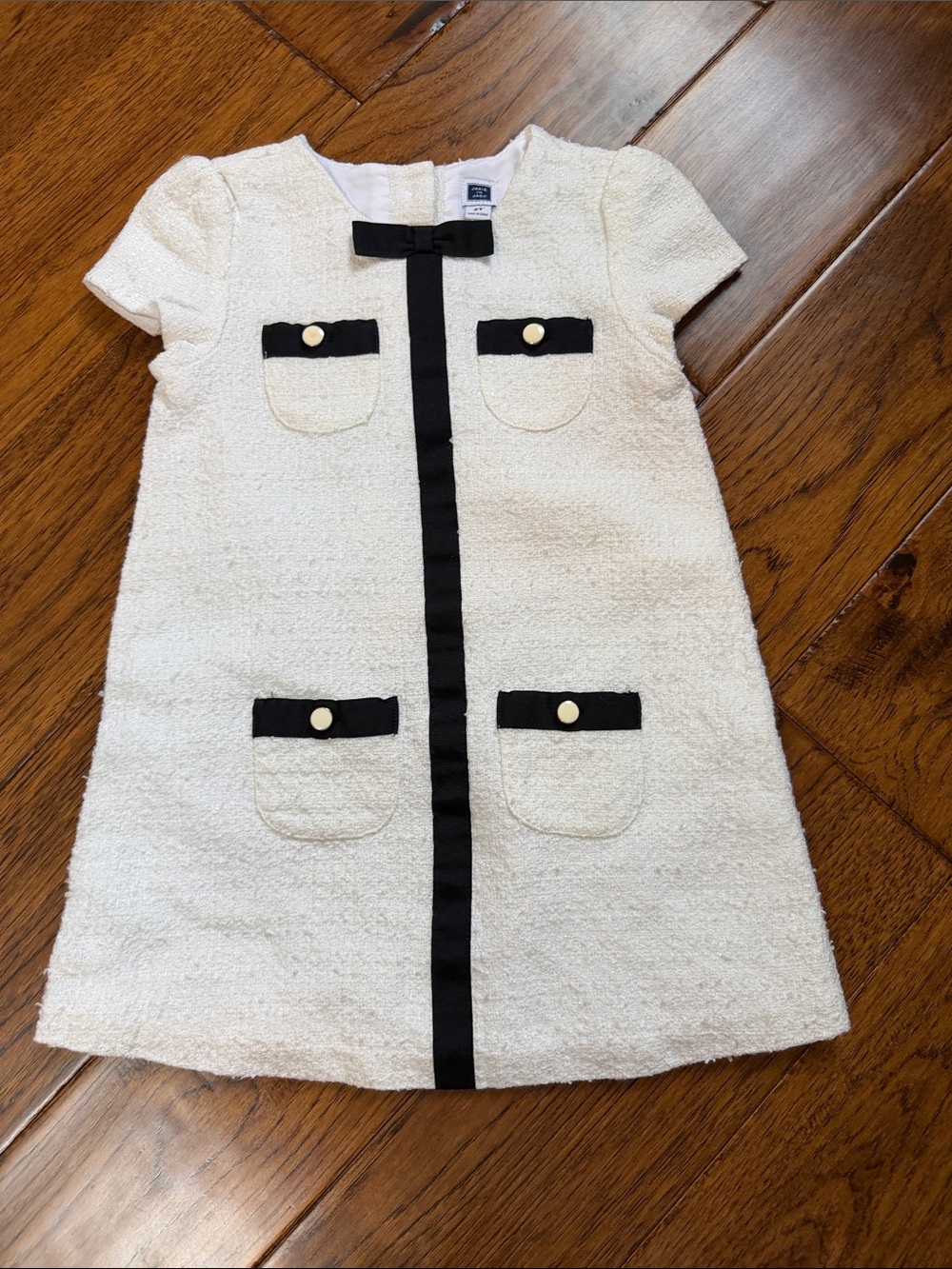 Janie and Jack Cream Bouclé Dress with Black Trim and Gold Buttons